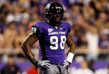 FORT WORTH, TX - NOVEMBER 14:  Defensive end Jerry Hughes #98 of the TCU Horned Frogs at Amon G. Carter Stadium on November 14, 2009 in Fort Worth, Texas.  (Photo by Ronald Martinez/Getty Images)