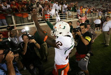 TALLAHASSEE, FL - SEPTEMBER 07:  Quarterback Jacory Harris #12 of the Miami Hurricanes celebrates victory over the Florida State Seminoles as he leaves the field at Doak Campbell Stadium on September 7, 2009 in Tallahassee, Florida. Miami defeated Florida State 38-34.  (Photo by Doug Benc/Getty Images)