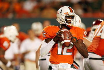 MIAMI GARDENS, FL - OCTOBER 03:  Quarterback Jacory Harris #12 of the Miami Hurricanes drops back to pass against the Oklahoma Sooners at Land Shark Stadium on October 3, 2009 in Miami Gardens, Florida. Miami defeated Oklahoma 21-20.  (Photo by Doug Benc/Getty Images)