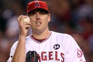 ANAHEIM, CA - OCTOBER 22: John Lackey #41 of the Los Angeles Angels of Anaheim reacts in Game Five of the ALCS against the New York Yankees during the 2009 MLB Playoffs at Angel Stadium on October 22, 2009 in Anaheim, California. (Photo by Stephen Dunn/Getty Images)