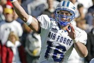 PROVO, UT - OCTOBER 29:  Quarterback Adam Fitch #16 of Air Force passes against Brigham Young University during the second quarter October 29, 2005 at LaVell Edwards Stadium in Provo, Utah. Fitch replaced Shaun Carney who cut his left hand and had to leave the game.  (Photo by George Frey/Getty Images)