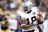PITTSBURGH - DECEMBER 06:  Louis Murphy #18 of the Oakland Raiders runs for a third quarter touchdown while playing the Pittsburgh Steelers on December 6, 2009 at Heinz Field in Pittsburgh, Pennsylvania. Oakland won the game 27-24.  (Photo by Gregory Shamus/Getty Images)