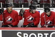 CALGARY, CANADA - AUGUST 24: The forward line of, from left, Jarome Iginla, Sidney Crosby and Rick Nash during the second practice of the Team Canada Olympic Orientation Camp on August 24, 2009 at the Pengrowth Saddledome in Calgary, Alberta, Canada. (Photo by Mike Ridewood/Getty Images)