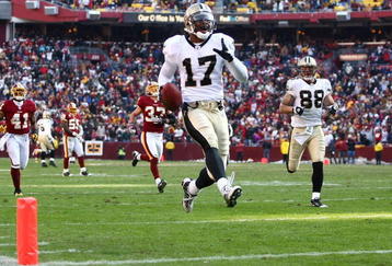LANDOVER, MD - DECEMBER 06:  Robert Meachem #17 of the New Orleans Saints scores a touchdown against the Washington Redskins on December 6, 2009 at FedExField in Landover, Maryland.  (Photo by Chris McGrath/Getty Images)
