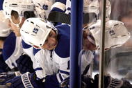 TORONTO - NOVEMBER 21: Tomas Kaberle #15 of the Toronto Maple Leafs joins his team wearing their helmets backwards during the shoot-out against the Washington Capitals during game action November 21, 2009 at the Air Canada Centre in Toronto, Ontario, Canada. (Photo by Abelimages/Getty Images)