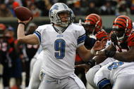 CINCINNATI, OH - DECEMBER 6: Quarterback Matthew Stafford #9 of the Detroit Lions throws under pressure from the Cincinnati Bengals in their NFL game at Paul Brown Stadium December 6, 2009 in Cincinnati, Ohio. (Photo by John Sommers II/Getty Images)