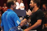 LONDON, ENGLAND - DECEMBER 06: Pat Rafter (R) of Australia is congratulated by opponent Stefan Edberg of Sweden after winning the Singles Final during day six of the AEGON Masters Tennis at the Royal Albert Hall on December 6, 2009 in London, England. (Photo by Hamish Blair/Getty Images)