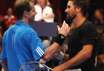 LONDON, ENGLAND - DECEMBER 06:  Pat Rafter (R) of Australia is congratulated by opponent Stefan Edberg of Sweden after winning the Singles Final during day six of the AEGON Masters Tennis at the Royal Albert Hall on December 6, 2009 in London, England.  (Photo by Hamish Blair/Getty Images)