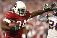 GLENDALE, AZ - DECEMBER 06: Runningback Tim Hightower #34 of the Arizona Cardinals rushes the ball against Madieu Williams #20 of the Minnesota Vikings during the NFL game at the Universtity of Phoenix Stadium on December 6, 2009 in Glendale, Arizona. The Cardinals defeated the Vikings 30-17. (Photo by Christian Petersen/Getty Images)