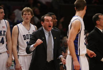 NEW YORK - NOVEMBER 27:  Head coach of the Duke Blue Devils, Mike Krzyzewski yells from the bench against the Connecticut Huskies during the Championship game at Madison Square Garden on November 27, 2009 in New York, New York.  (Photo by Nick Laham/Getty Images)