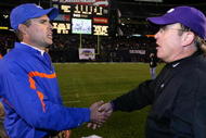 SAN DIEGO, CA - DECEMBER 23:  Head Coach Chris Petersen of the Boise State Broncos meets Heads Coach Gary Patterson of TCU Horned Frogs after the Horned Frogs 17-16 win over the Broncos during the San Diego County Credit Union Poinsettia Bowl at Qualcomm Stadium on December 23, 2008 in San Diego, California. (Photo by Donald Miralle/Getty Images)