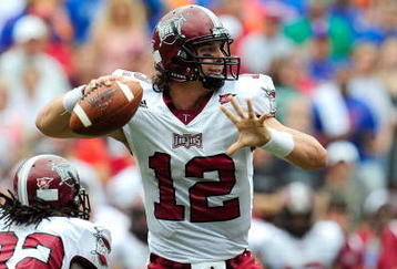 GAINESVILLE, FL - SEPTEMBER 12:  Levi Brown #12 of the Troy Trojans attempts a pass during the game against the Florida Gators at Ben Hill Griffin Stadium on September 12, 2009 in Gainesville, Florida.  (Photo by Sam Greenwood/Getty Images)