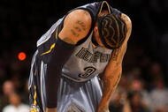 LOS ANGELES, CA - NOVEMBER 06:  Allen Iverson #3 of the Memphis Grizzlies on the court against the Los Angeles Lakers on November 6, 2009 at Staples Center in Los Angeles, California. The Lakers won 114-98. NOTE TO USER: User expressly acknowledges and agrees that, by downloading and/or using this Photograph, user is consenting to the terms and conditions of the Getty Images License Agreement.  (Photo by Stephen Dunn/Getty Images)