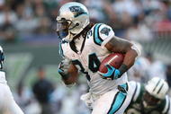 EAST RUTHERFORD, NJ - NOVEMBER 29:  DeAngelo Williams #34  of the Carolina Panthers rushes against the New York Jets at Giants Stadium on November 29, 2009 in East Rutherford, New Jersey.  (Photo by Nick Laham/Getty Images)