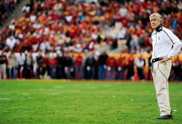 LOS ANGELES, CA - DECEMBER 05:  Coach Pete Carroll of the USC Trojans reacts after the Arizona Wildcats scored a touchdown to win, 21-17, during the NCAA college football game at the Los Angeles Coliseum on December 5, 2009 in Los Angeles, California.  (Photo by Kevork Djansezian/Getty Images)