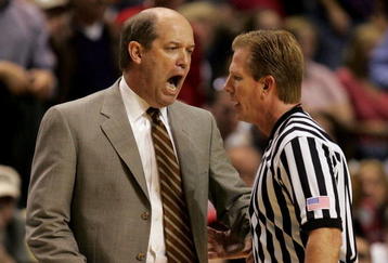 NASHVILLE, TN - MARCH 10: Head coach Kevin Stallings of the Vanderbilt Commodores makes his point to the referee the LSU Tigers during day 2 of the SEC Men's Basketball Conference Tournament March 10, 2006 at the Gaylord Entertainment Center in Nashville, Tennessee. LSU won 92-73. (Photo by Andy Lyons/Getty Images)