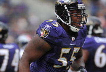 BALTIMORE - NOVEMBER 1:  Terrell Suggs #55 of the Baltimore Ravens comes up with the ball during the game against the Denver Broncos at M&T Bank Stadium on November 1, 2009 in Baltimore, Maryland. The Ravens defeated the Broncos 30-7. (Photo by Larry French/Getty Images)