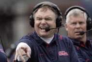 OXFORD, MS - OCTOBER 10:  Coach Houston Nutt of the Mississippi Rebels yells instructions in the second half of a 22-3 loss to the Alabama Crimson Tide during their college football game at Vaught-Hemingway Stadium on October 10, 2009 in Oxford, Mississippi. At right is special teams coordinator James Shibest. (Photo by Dave Martin/Getty Images)
