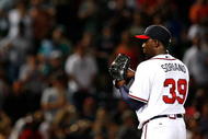 ATLANTA - AUGUST 22:  Closing pitcher Rafael Soriano #39 of the Atlanta Braves pitches in the ninth inning against the Florida Marlins on August 22, 2009 at Turner Field in Atlanta, Georgia.  (Photo by Kevin C. Cox/Getty Images)