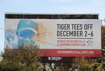THOUSAND OAKS, CA - DECEMBER 01:  A sign promoting Tiger Woods at the Chevron World Challenge is displayed off the freeway on December 1, 2009 in Thousand Oaks, California.  (Photo by Harry How/Getty Images)