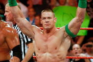 LAS VEGAS - AUGUST 24: Wrestler John Cena appears in the ring during the WWE Monday Night Raw show at the Thomas & Mack Center August 24, 2009 in Las Vegas, Nevada. (Photo by Ethan Miller/Getty Images)
