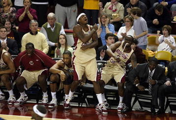 CHESTNUT HILL, MA - FEBRUARY 15:  Cory Raji #11 and Biko Paris #5 of the Boston College Eagles celebrate from the bench after the Eagles defeated the Duke Blue Devils on February 15, 2009 at Conte Forum in Chestnut Hill, Massachusetts. Boston College defeated Duke 80-74.  (Photo by Elsa/Getty Images)