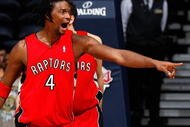 ATLANTA - DECEMBER 02: Chris Bosh #4 of the Toronto Raptors yells to the defense against the Atlanta Hawks at Philips Arena on December 2, 2009 in Atlanta, Georgia. NOTE TO USER: User expressly acknowledges and agrees that, by downloading and/or using this Photograph, User is consenting to the terms and conditions of the Getty Images License Agreement. (Photo by Kevin C. Cox/Getty Images)
