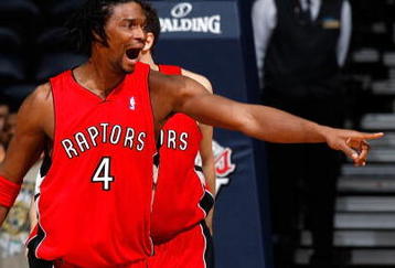 ATLANTA - DECEMBER 02:  Chris Bosh #4 of the Toronto Raptors yells to the defense against the Atlanta Hawks at Philips Arena on December 2, 2009 in Atlanta, Georgia.  NOTE TO USER: User expressly acknowledges and agrees that, by downloading and/or using this Photograph, User is consenting to the terms and conditions of the Getty Images License Agreement.  (Photo by Kevin C. Cox/Getty Images)