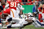 KANSAS CITY, MO - DECEMBER 06: Knowshonn Moreno #27 of the Denver Broncos falls into the end zone for a touchdwon during the game against the Kansas City Chiefs on December 6, 2009 at Arrowhead Stadium in Kansas City, Missouri. (Photo by Jamie Squire/Getty Images)