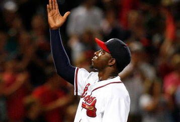 ATLANTA - AUGUST 22:  Closing pitcher Rafael Soriano #39 of the Atlanta Braves celebrates after defeating the Florida Marlins 4-3 on August 22, 2009 at Turner Field in Atlanta, Georgia.  (Photo by Kevin C. Cox/Getty Images)