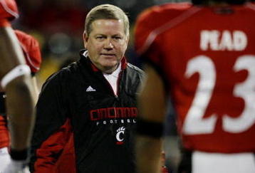 CINCINNATI - NOVEMBER 13:  Head coach Brian Kelly of the the Cincinnati Bearcats walks on the field during warm ups before the game against the West Virginia Mountaineers at Nippert Stadium on November 13, 2009 in Cincinnati, Ohio.  (Photo by Andy Lyons/Getty Images)