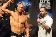 PORTLAND, OR - AUGUST 28: UFC heavyweight fighter Randy Couture (L) is interviewed by UFC commentator Joe Rogan at the UFC 102: Couture vs. Nogueira Weigh-In at the Rose Garden Arena on August 28, 2009 in Portland, Oregon. (Photo by Jon Kopaloff/Getty Images)