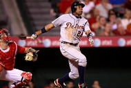 ANAHEIM, CA - AUGUST 24:  Curtis Granderson #28 of the Detroit Tigers bats against the Los Angeles Angels of Anaheim on August 24, 2009 at Angel Stadium in Anaheim, California.  (Photo by Stephen Dunn/Getty Images)