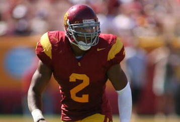 LOS ANGELES, CA - SEPTEMBER 5:  Taylor Mays #2 of the USC Trojans eyes the play against the San Jose State Spartans on September 5, 2009 at the Los Angeles Memorial Coliseum in Los Angeles, California.  USC won 56-3.  (Photo by Jeff Golden/Getty Images)