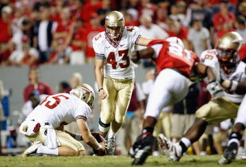 RALEIGH, NC - OCTOBER 16:  Graham Gano #43 of the Florida State Seminoles lines up to kick during the game against the North Carolina State Wolfpack at Carter-Finley Stadium on October 16, 2008 in Raleigh, North Carolina.  (Photo by Kevin C. Cox/Getty Images)