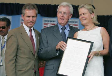 COOPERSTOWN, NY - JULY 31:  Author Peter Gammons (second from L) receives the J.G. Taylor Spink Award from Hall of Fame President Dale Petroskey and Chairperson Jane Forbes Clark on July 31, 2005 at the Clark Sports Complex in Cooperstown, New York.  Earlier in the ceremony Gammons was inducted to the Baseball Hall of Fame. (Photo by Ezra Shaw/Getty Images)   COOPERSTOWN, NY - JULY 31:  Ford C. Frick Award winner Jerry Coleman (second from left) receives his award from (l-r) Hall of Fame President Dale Petroskey, Jane Forbes Clark and Tom Seaver after he was inducted to the Baseball Hall of Fame on July 31, 2005 at the Clark Sports Complex in Cooperstown, New York.  (Photo by Ezra Shaw/Getty Images) Jerry Coleman;Tom Seaver Hall of Fame President Dale Petroskey