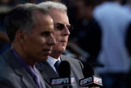 ST LOUIS, MO - JULY 13: ESPN baseball Tim Kurkjian (L) and Peter Gammons broadcast during the Gatorade All-Star Workout Day at Busch Stadium on July 13, 2009 in St Louis, Missouri. (Photo by Jamie Squire/Getty Images)
