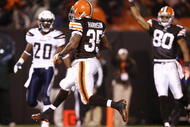 CLEVELAND - DECEMBER 06: Jerome Harrison #35 of the Cleveland Browns scores a touchdown in front of teammate Brian Robiskie #80 and Antoine Cason #20 of the San Diego Chargers at Cleveland Browns Stadium on December 6, 2009 in Cleveland, Ohio. (Photo by Matt Sullivan/Getty Images)