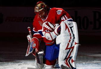 MONTREAL- JANUARY 15:  Jaroslav Halak #41 of the Montreal Canadiens kneels during pre-game ceremonies prior to facing the Nashville Predators on January 15, 2009 at the Bell Centre in Montreal, Quebec, Canada. The Canadiens defeated the Predators 3-2.   (Photo by Richard Wolowicz/Getty Images)