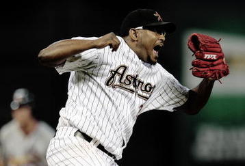 HOUSTON - SEPTEMBER 23:  Houston Astros pitcher Jose Valverde #47 of the Houston Astros  reacts after striking out Julio Lugo #12 of the St. Louis Cardinals in then ninth inning to end the game at Minute Maid Park on September 23, 2009 in Houston, Texas. Houston Won 3-0. (Photo by Bob Levey/Getty Images)