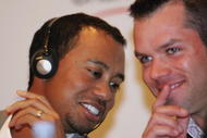 SHANGHAI, CHINA - NOVEMBER 07:  Tiger Woods of the USA (L) shares a joke with Paul Casey of England during a press conference prior to the HSBC Champions tournament on November 7, 2006 in Shanghai, China.  (Photo by Ross Kinnaird/Getty Images)