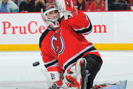 NEWARK, NJ - DECEMBER 5: Martin Brodeur #30 of the New Jersey Devils stops a shot on goal during the shoot out against the Detroit Red Wings on December 5, 2009 at the Prudential Center in Newark, New Jersey. The Devils defeated the Red Wings 4-3. (Photo by Christopher Pasatieri/Getty Images)