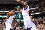 PHILADELPHIA - NOVEMBER 03: Rajon Rondo #9 of the Boston Celtics drives against Elton Brand #42 of the Philadelphia 76ers at the Wachovia Center on November 3, 2009 in Philadelphia, Pennsylvania. NOTE TO USER: User expressly acknowledges and agrees that, by downloading and or using this photograph, User is consenting to the terms and conditions of the Getty Images License Agreement. (Photo by Chris Chambers/Getty Images)