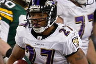 GREEN BAY, WI - DECEMBER 7: Running back Ray Rice #27 of the Baltimore Ravens runs with the football against the Green Bay Packers at Lambeau Field on December 7, 2009 in Green Bay, Wisconsin. The Packers defeated the Ravens 27-17. (Photo by Scott Boehm/Getty Images)