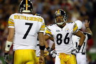 TAMPA, FL - FEBRUARY 01:  Wide receiver Hines Ward #86 of of the Pittsburgh Steelers looks towards quarterback Ben Roethlisberger #7 against the Arizona Cardinals during Super Bowl XLIII on February 1, 2009 at Raymond James Stadium in Tampa, Florida.  (Photo by Jamie Squire/Getty Images)