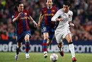 BARCELONA, SPAIN - APRIL 23:  Cristiano Ronaldo (R) of Manchester United holds off the challenge of Gianluca Zambrotta (C) and Lionel Messi (L) of Barcelona during the UEFA Champions League Semi-Final, first leg match between Barcelona and Manchester United at the Camp Nou stadium on April 23, 2008 in Barcelona, Spain.  (Photo by Jasper Juinen/Getty Images)