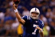 INDIANAPOLIS, IN - AUGUST 20: Quarterback Curtis Painter #7 of the Indianapolis Colts passes the football against the Philadelphia Eagles at Lucas Oil Stadium on August 20, 2009 in Indianapolis, Indiana. The Colts defeated the Eagles 23-15. (Photo by Scott Boehm/Getty Images)