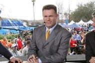 JACKSONVILLE, FL - FEBRUARY 06:  FOX sportscasters Terry Bradshaw, Howie Long and Jimmy Johnson speak in the FOX Braodcast booth during the XXXIX Superbowl pregame show at Alltel Stadium on February 6, 2005 in Jacksonville, Florida.  (Photo by Frank Micelotta/Getty Images)