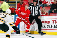 DETROIT - NOVEMBER 3:  Doug Janik #37 of the Detroit Red Wings handles the puck during the game against the Boston Bruins on November 3, 2009 at Joe Louis Arena in Detroit, Michigan. (Photo by Gregory Shamus/Getty Images)