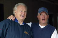LOUISVILLE, KY - APRIL 30:  Former Heisman trophy winner Paul Hornung talks with former Kentucky Derby-winning trainer Nick Zito during morning workouts for the 129th Kentucky Derby on April 30, 2003 at Churchill Downs in Louisville, Kentucky.  (Photo by Jamie Squire/Getty Images)